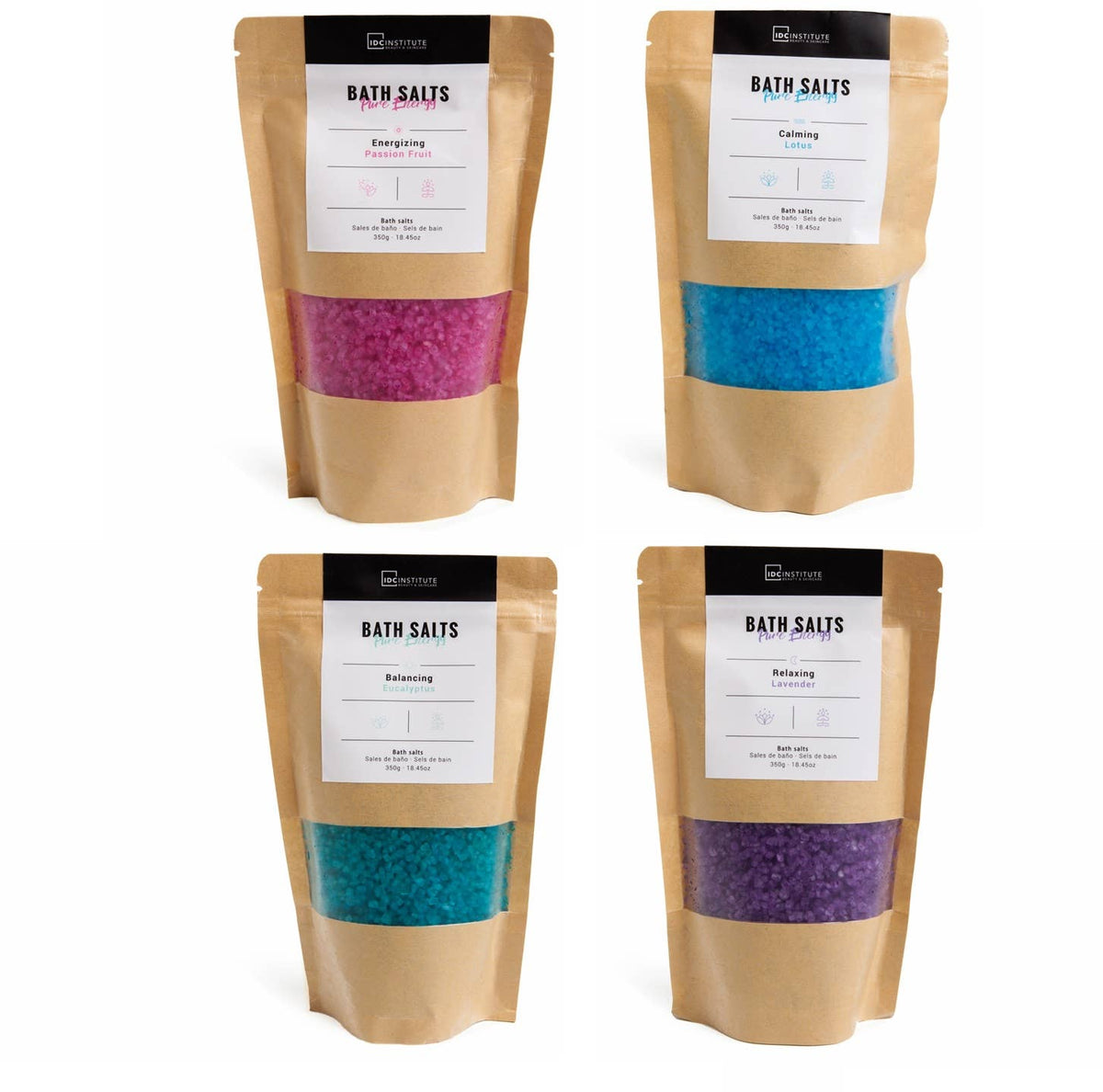 Sel de bain Pure Energy IDC INSTITUTE 350 g - Pack 3x4 couleurs