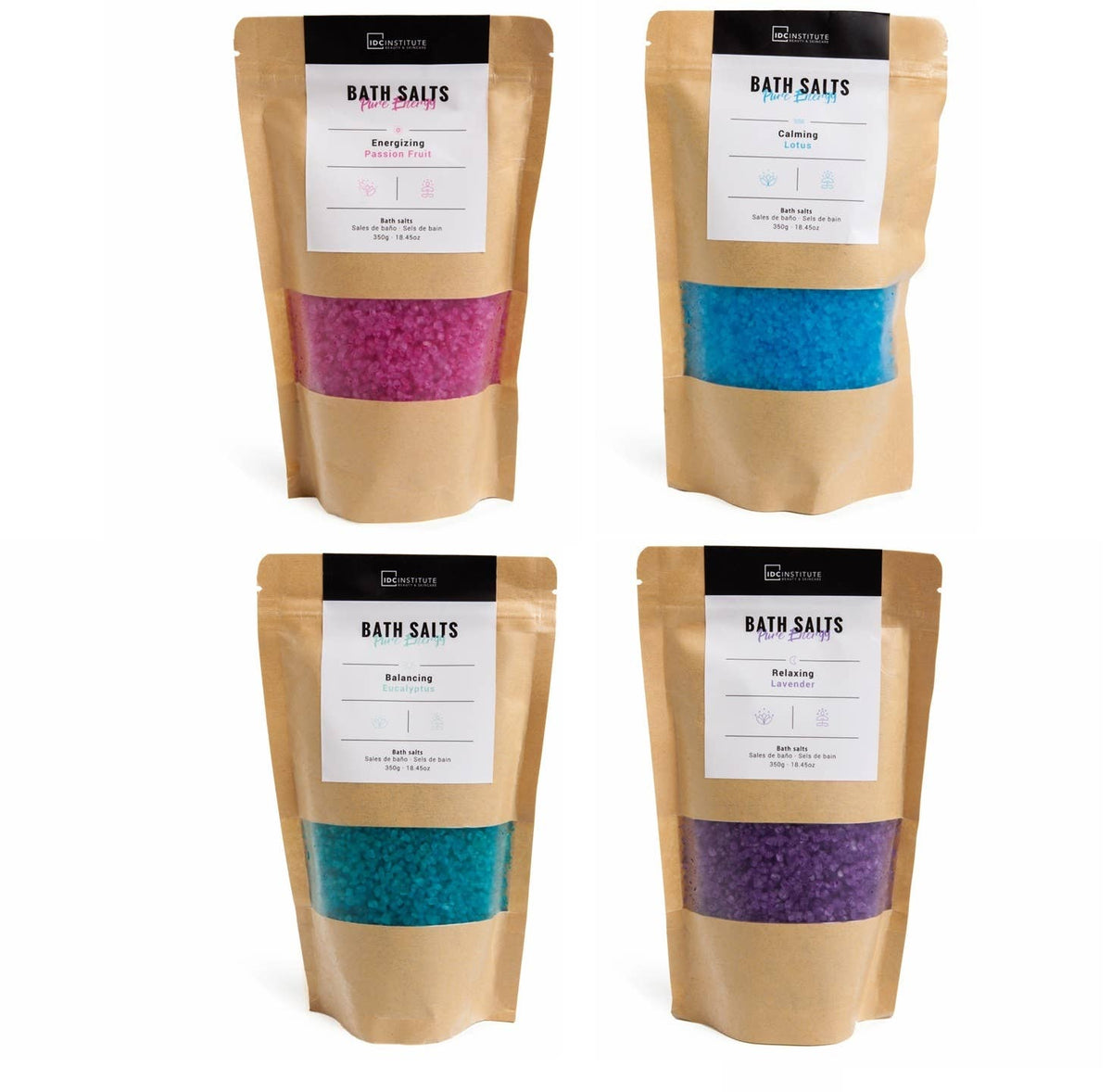 Sel de bain Pure Energy IDC INSTITUTE 350 g - Pack 3x4 couleurs